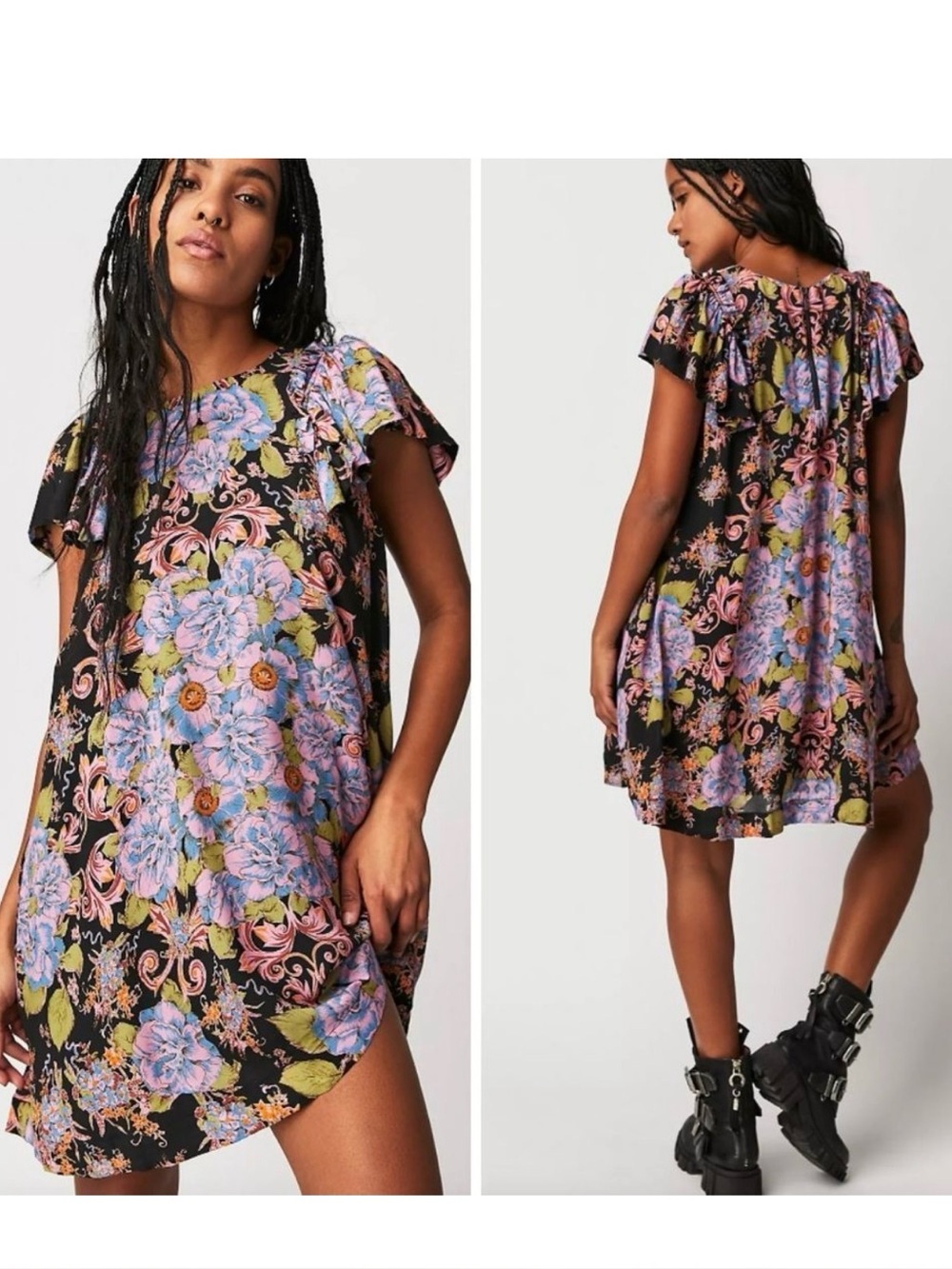 Free People Yara Mini Dress Black Purple Pink Blue Floral Large